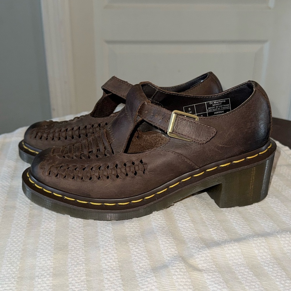 Dr. Martens Brown Woven Leather Mary Jane Heels with Yellow Stitching